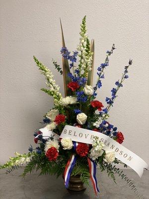 Red white and blue funeral arrangement