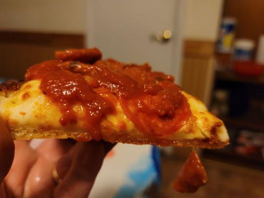 Slice of Detroit-Style Double Pepperoni.