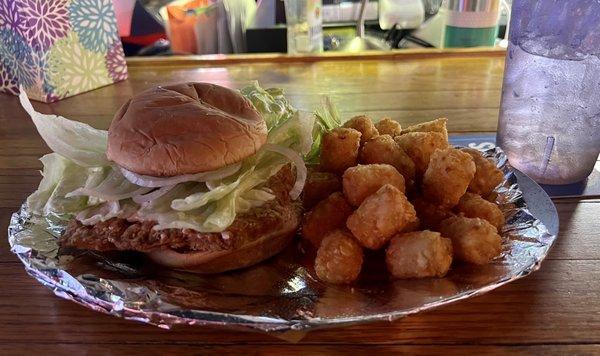 Tenderloin sandwich and tots