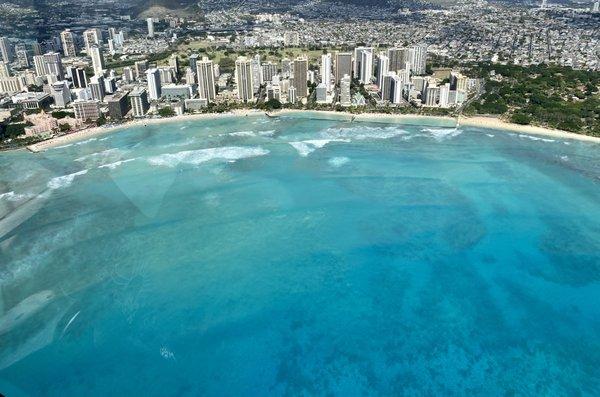 Waikiki shoreline, with beautiful waters