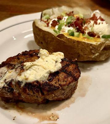 Excellent 9 oz. Filet Mignon and a loaded baked potato.