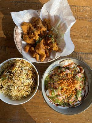 Goat Biryani, Aloo Papdi Chaat, Fish Amritsari