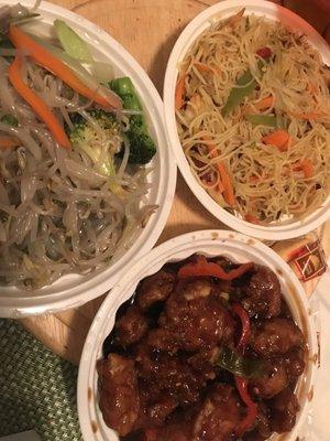 Buddha delight, hunan chicken and Singapore noodles