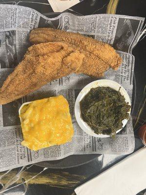 Catfish plate with mac and cheese & greens, minus the hush puppies.