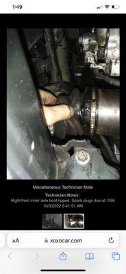 Right front inner axle boot ripped