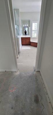 Tile floor removed from a master bath.