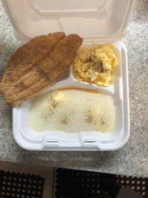 Fish (Swai) breakfast come w/ grits scrambled eggs and toast