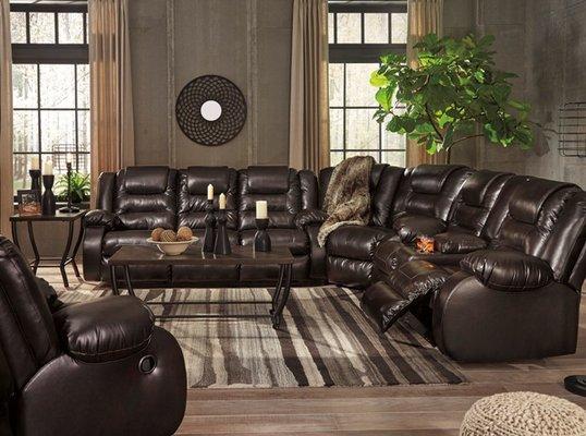 NEW PRODUCT: Chocolate, Black or Salsa Vacherie  Series.  Series includes reclining sofa, reclining love seat, recliner and sectional.