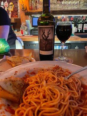 Vegan pasta and tasty wine