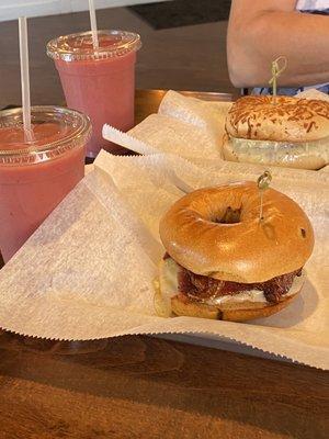 Strawberry banana smoothies, Bacon Egg and Cheese on a Jalapeño Cheddar bagel, Ham Egg and Cheese on an Asiago Bagel.