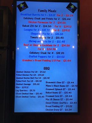 Menu of Prepared Frozen Take Out items