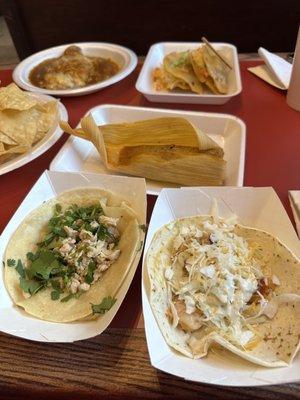 Chicken taco, shrimp taco, crispy beef taco, tamale, and Chile Relleno