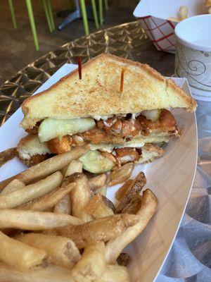 Hot Nashville chicken, grilled cheese, and french fries. It was delicious.