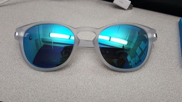 Custom made Latch Sunglasses with Sapphire Iridium polarized lens, matte clear frame.