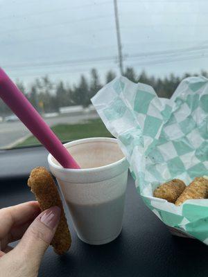 Yummi Cheese Sticks & delish Small Chocolate Shake! Too cute!!