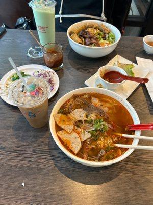 Spicy noodle soup bowl, rice noodle bowl, coffee and boba slush.