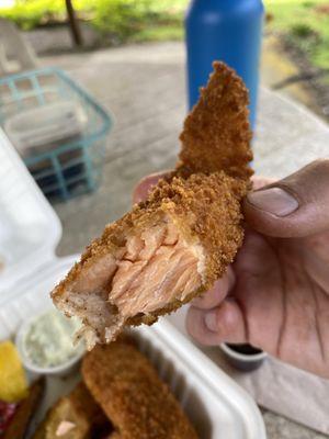 Look at that tender, flaky steelhead! Crunchy breading.