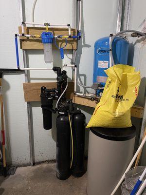 Old rebuilt twin tank water softener and filter system at Kerr Lake. Also has treatment for silica and drinking water (not shown)