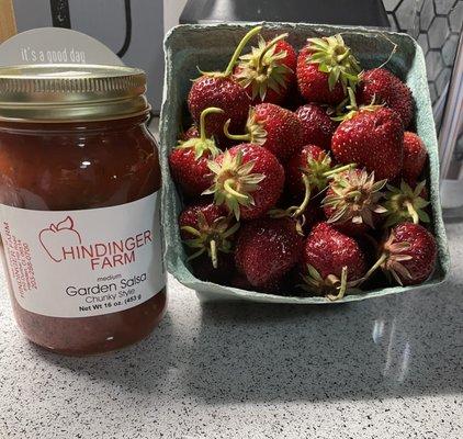 Hindinger Farm's Garden Salsa and Fresh Strawberries.