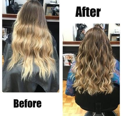 She went from a super blonde ombré to a more subtle ombre. Color, cut and wave iron by Dana