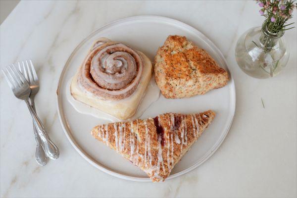 Cinnamon roll, herb scone, & raspberry turnover