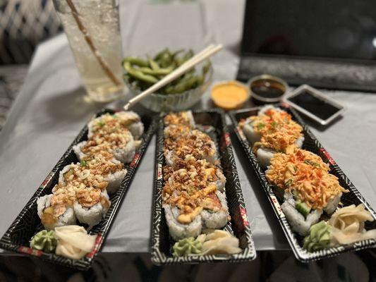 Baked Salmon Crunch, Spicy Tuna Crunch Roll (8pcs), Veggie Trio Roll (special roll) ...