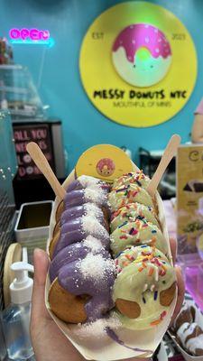 Left: Ube Mini Donuts; Right: Pistachio Mini Donuts