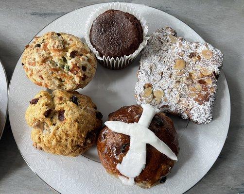 scones, muffin, specialty almond croissant