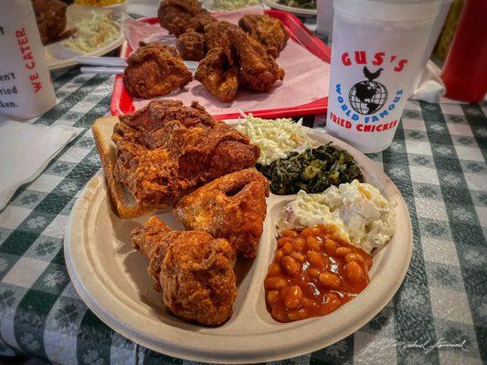 Chicken, beans, potato salad, collard greens, coleslaw