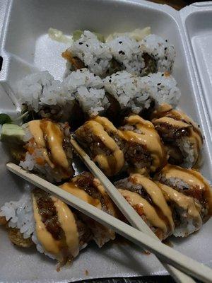 Spicy Salmon and Tempura Asparagus Roll