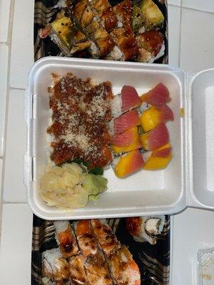 Fire cracker roll, green dragon roll, baked salmon roll, mango roll