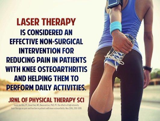 Laser therapy is the solution for any acute or chronic pain conditions or injuries. 
Live your life pain free.