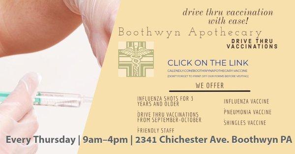 Boothwyn Apothecary Drive thru Vaccines! Be sure to copy the link and make an appointment today and get vaccinated without leaving your car!