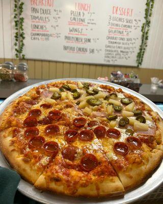 14" (large) pizza half pepperoni and half Hawaiian with jalapeno.