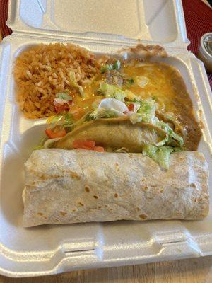 #9 carnitas burrito, beef taco and beans and rice