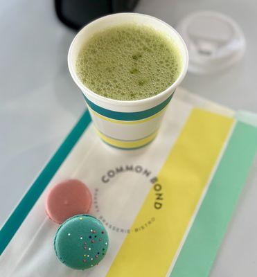 Strawberry and Birthday Cake macarons for my kiddo, and a Matcha Latte for moí.