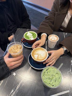 iced latte, sage latte, matcha latte, hot chocolate