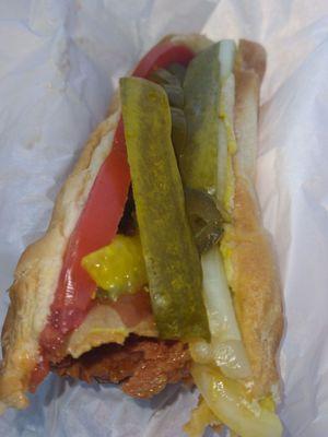 Kasper's Cajun link with onions, pickles, tomatoes, jalapenos, and of course mustard.