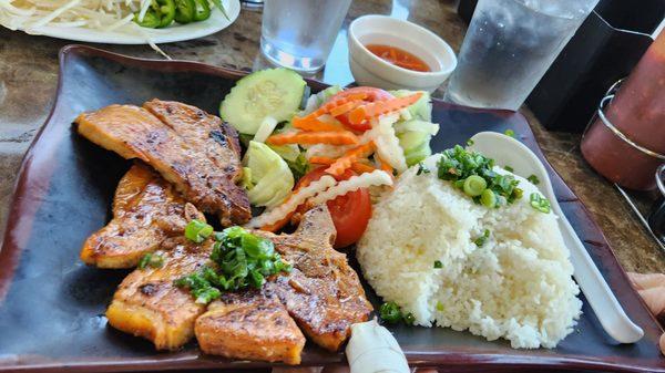 Fried pork chop with veggies & rice.