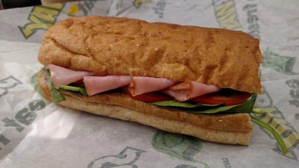 6-inch ham on wheat with spinach, tomatoes, jalapeños and mustard. For breakfast!