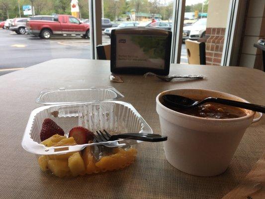 Soup from the soup bar and fruit from the fruit bar on a rainy day for lunch.