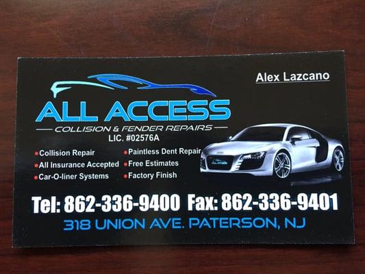 This is our business card. Give us a call for a free estimate on any body work your car or truck may need. No job is too big or small for us