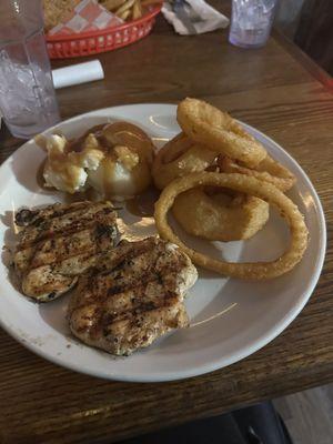 Grilled Chicken , Onion Rings, Mashed Potatoes