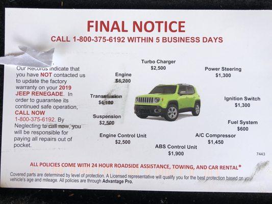 I bought a new jeep last year and I already purchased extra warranty with the dealership and then I get this flyers.