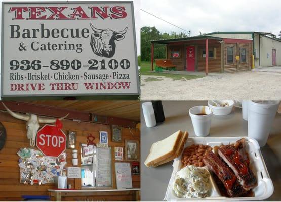 Texans BBQ - FM830 - Willis, TX - Thu 140508 - Quad Photo: Sign; Storefront; Order Window; Brisket & Ribs Plate