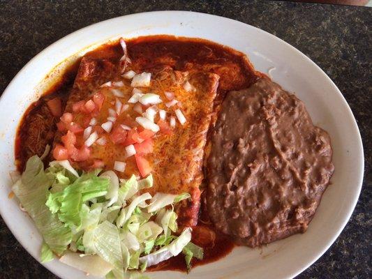 Chicken, bean and cheese enchiladas, with extra beans, no arroz