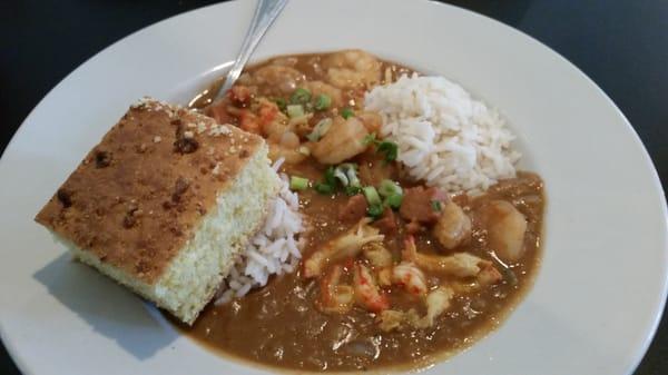 Shrimp & crawfish etouffee with rice & cornbread.