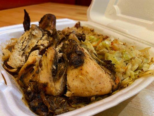 Jerk Chicken with cabbage and rice & peas