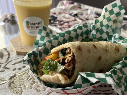 Pineapple Mango Paradise Smoothie & Jerk Chicken Wrap