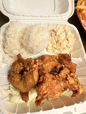 Mochi chicken plate lunch with rice and Mac salad